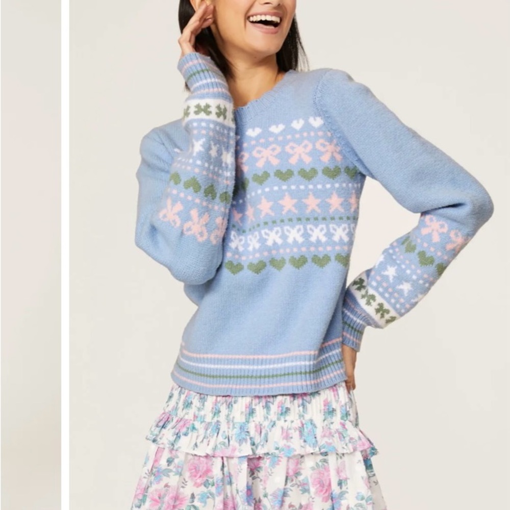 LoveShackFancy Cutie Knit Zaheer Pullover Blue With Pink Bows Size XS - Picture 2 of 6